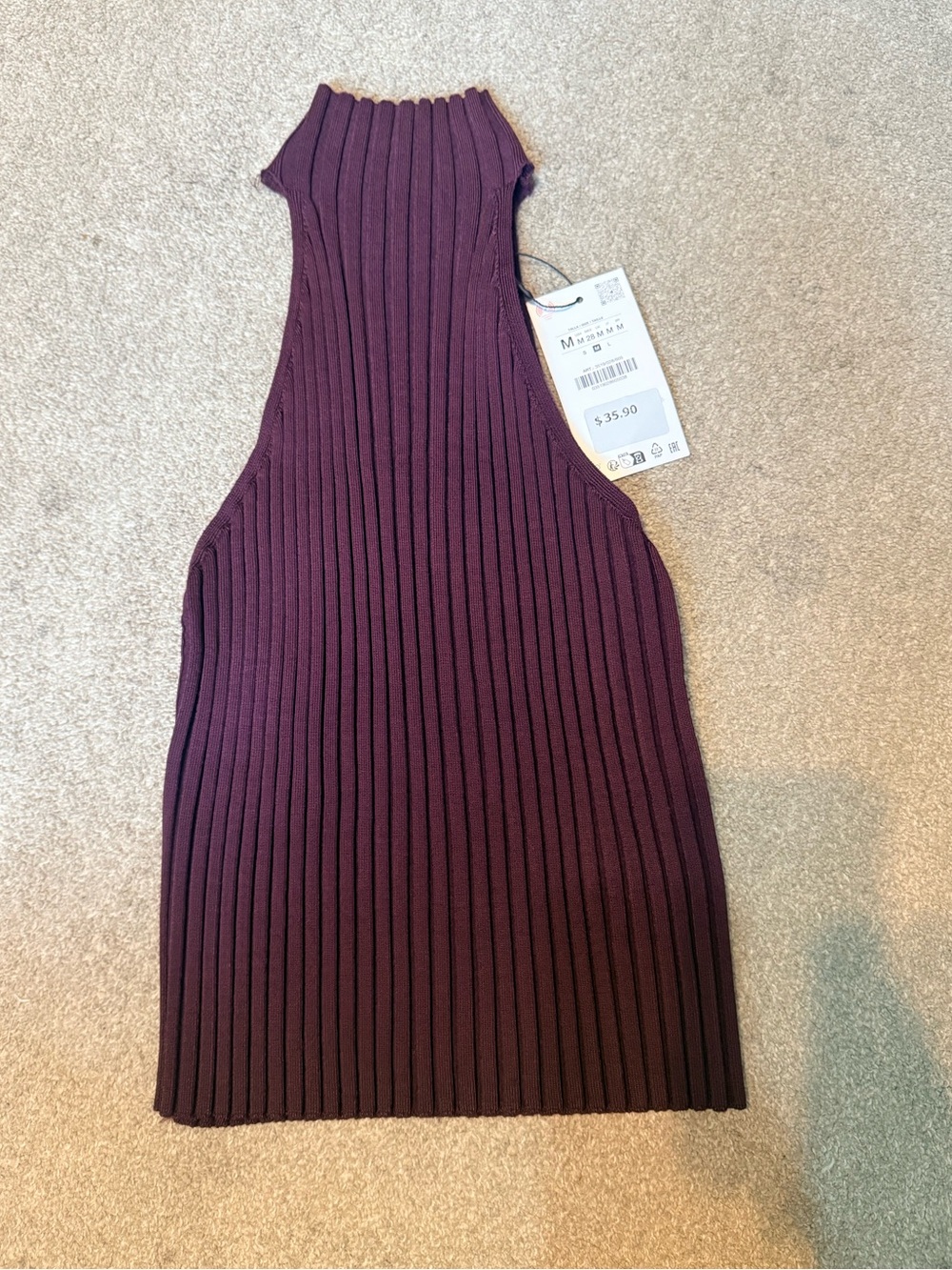 Zara Deep Wine Ribbed Mock Neck Sleevless Top Size M